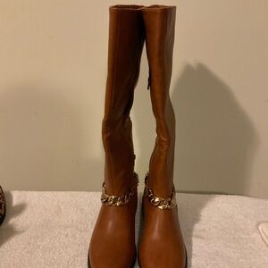 Brown Leather Knee-High Boots with Gold Chain